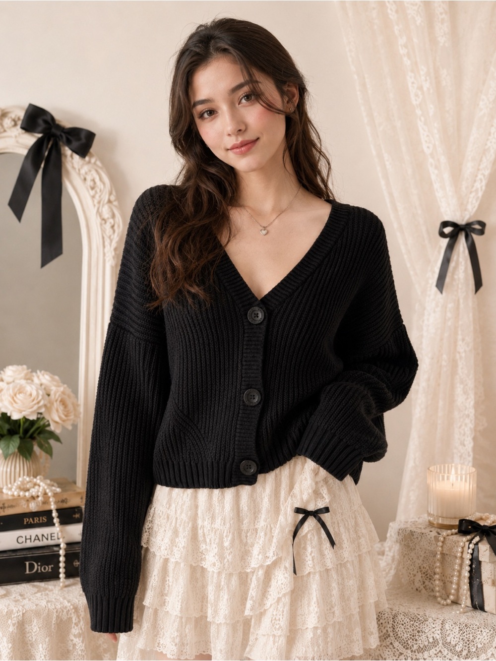 Hollister Black Chunky Knit Cropped Cardigan Button Front Academia
